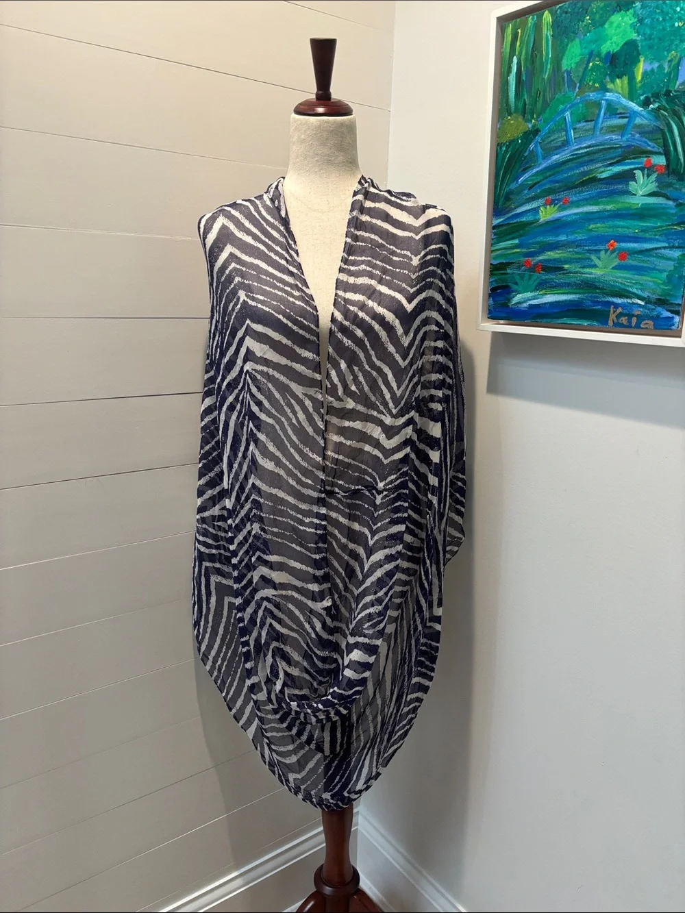 Coach Navy and White Abstract Stripe Infinity Scarf